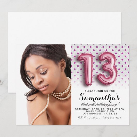 13e Birthday Polkadot Glitter Portret Kaart (Voorkant / Achterkant)