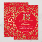 13e Birthday Red en Gold Floral Pattern Kaart (Voorkant / Achterkant)