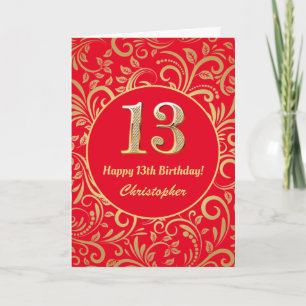 13e Birthday Red en Gold Floral Pattern Kaart
