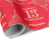 13e Birthday Red en Gold Glitter Lijst Cadeaupapier (Rol Hoek)