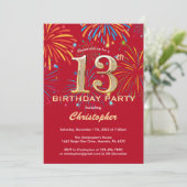 13e Birthday Red en Gold Rainbow Fireworks Kaart (Staand voorkant)