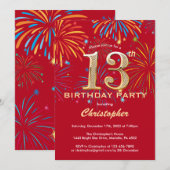 13e Birthday Red en Gold Rainbow Fireworks Kaart (Voorkant / Achterkant)