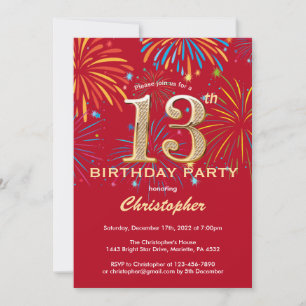 13e Birthday Red en Gold Rainbow Fireworks Kaart