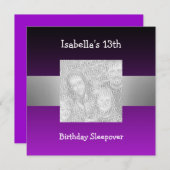 13e Birthday Sleepover Silver Paarse foto 2 Kaart (Voorkant / Achterkant)