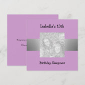 13e Birthday Sleepover Silver Paarse foto Kaart (Voorkant / Achterkant)