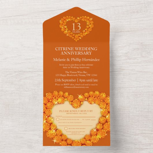 13e bruiloft citrine sinaasappel all in one uitnodiging (Binnen)