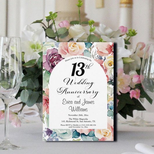 13e bruiloft Jubileum Elegant Script Floral Kaart