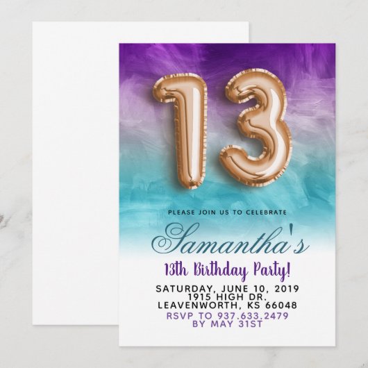 13e dag Paarse blauwe gradiëntuitnodiging Kaart (Voorkant / Achterkant)