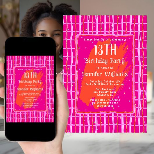 13e Digitale Hot Pink Verjaardag Uitnodiging Whims