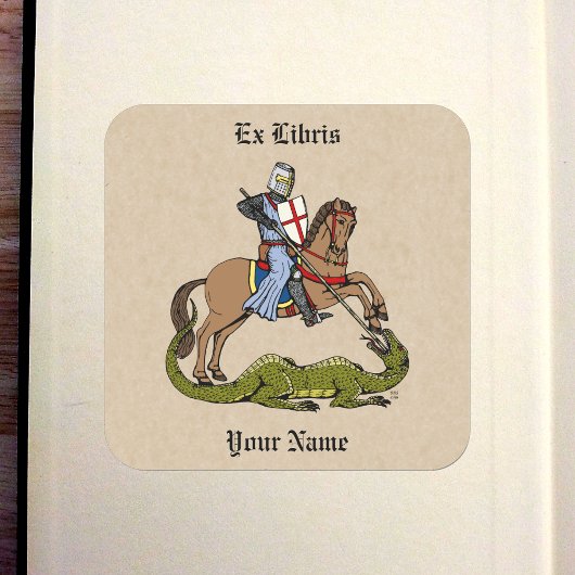 13e-eeuwse Saint George en de Dragon Bookplate Vierkante Sticker