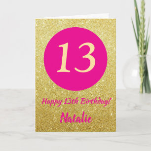 13e Happy Birthday Hot Pink en Gold Glitter Kaart