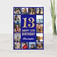 13e Happy Birthday Navy Blue & Gold Photo Collage