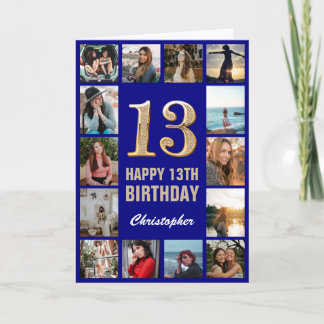 13e Happy Birthday Navy Blue & Gold Photo Collage Kaart