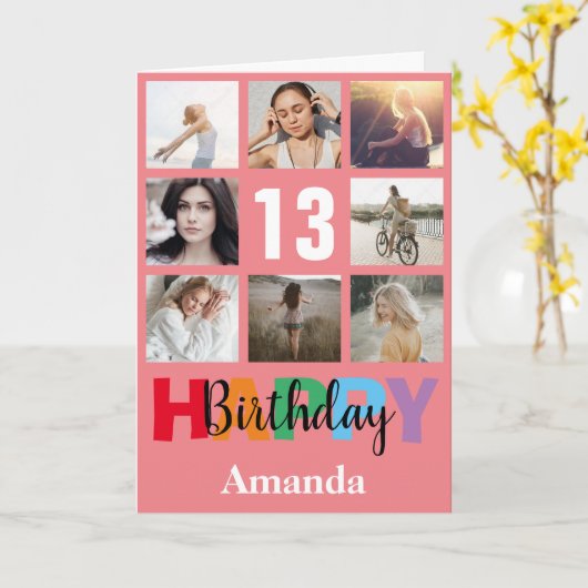 13e Happy Birthday Photo Collage Modern Pink Card Kaart (Gele Bloem)
