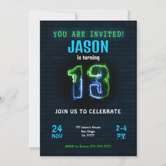 13e jongen verjaardag uitnodiging (Voorkant)