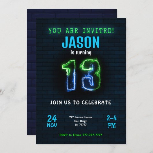 13e jongen verjaardag uitnodiging (Voorkant / Achterkant)