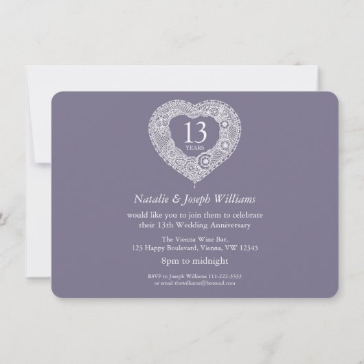 13e kanten bruiloft jubileum grijs wit kaart (Achterkant)