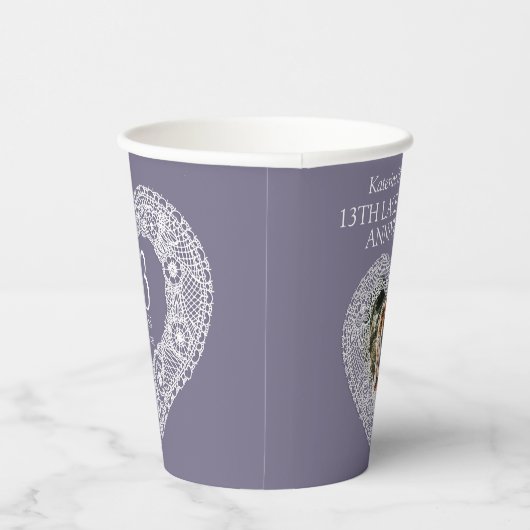13e Lace Wedding trouwdag foto grijs Papieren Bekers (Rechts)