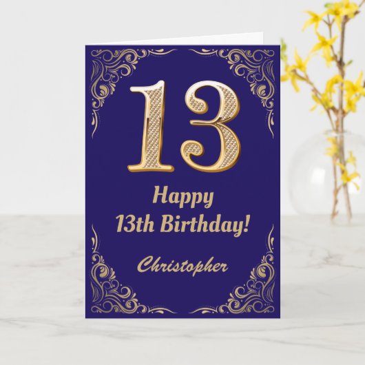 13e marinenblauw en goudglitter-Lijst Kaart (Gele Bloem)