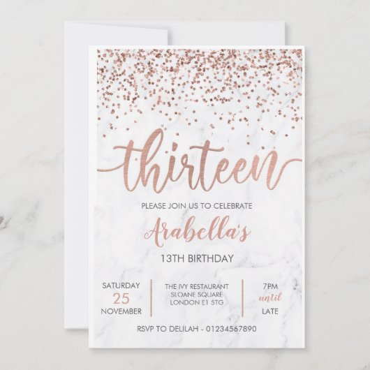 13e, Marmeren Roos Gouden Roze Invitation Kaart (Voorkant)