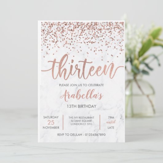 13e, Marmeren Roos Gouden Roze Invitation Kaart (Staand voorkant)