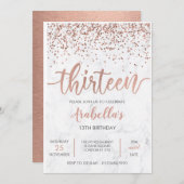 13e, Marmeren Roos Gouden Roze Invitation Kaart (Voorkant / Achterkant)