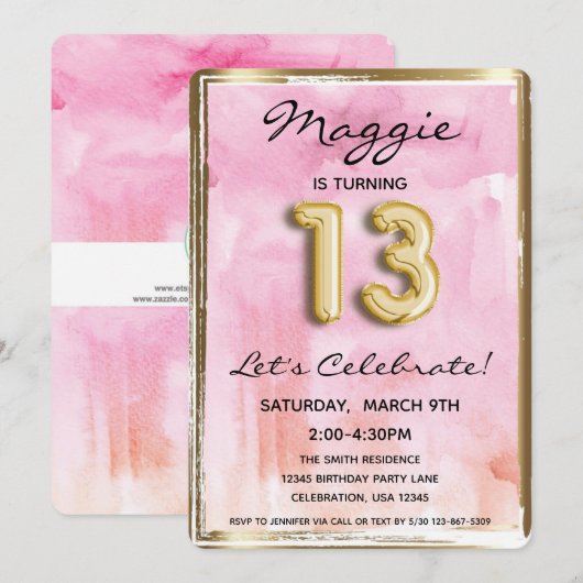 13e meisje: Birthday Pink en Gold Kaart (Voorkant / Achterkant)