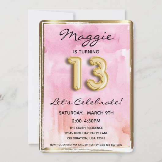 13e meisje: Birthday Pink en Gold Kaart (Voorkant)