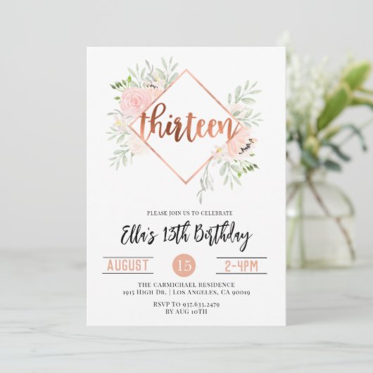 13e Roos Gold Birthday Uitnodiging (Staand voorkant)