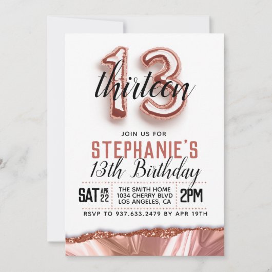 13e Roos Gold Birthday Uitnodiging (Voorkant)