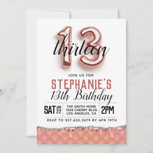 13e Roze Gouden Verjaardagsuitnodiging Kaart (Voorkant)