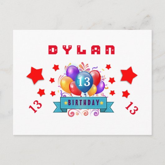 13e Save Datum Verjaardag Ballonnen en Sterren S11 Aankondigingskaart (Voorkant)