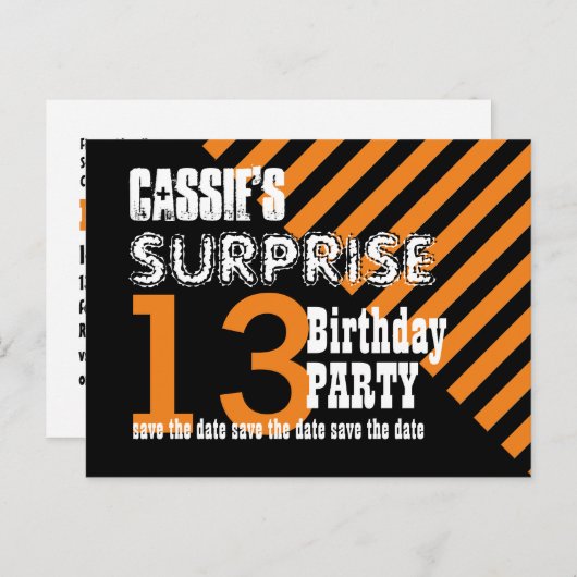 13e TEEN Surprise Verjaardag Save the Date T13A Aankondigingskaart (Voorkant / Achterkant)