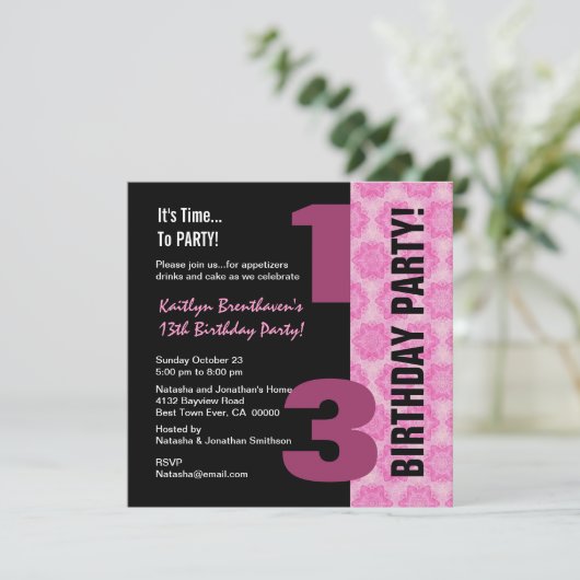 13e Tiener Verjaardag Modern Roze Zwart Sterren G4 Kaart (Staand voorkant)