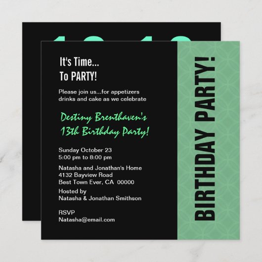 13e Tiener Verjaardag Moderne Munt en Zwart W745 Kaart (Voorkant / Achterkant)