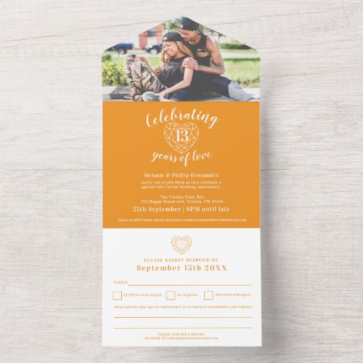 13e trouwdag citrine oranje RSVP foto All In One Uitnodiging (Binnen)