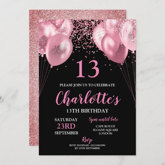 13e Uitnodigen roze neon zwart verjaardag Uitnodig Kaart (Voorkant / Achterkant)