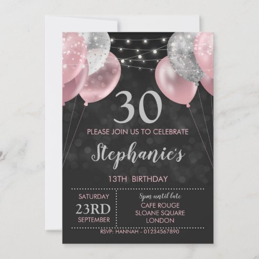 13e Uitnodigen Roze Zilver Verjaardag Uitnodiging (Voorkant)