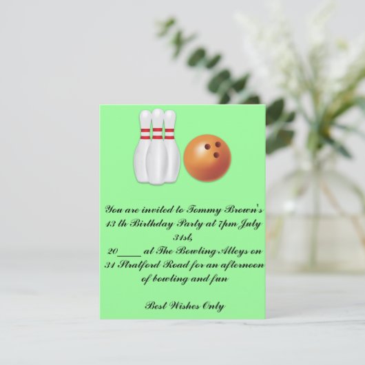 13e uitnodiging van de Birthday Bowling Party (Staand voorkant)