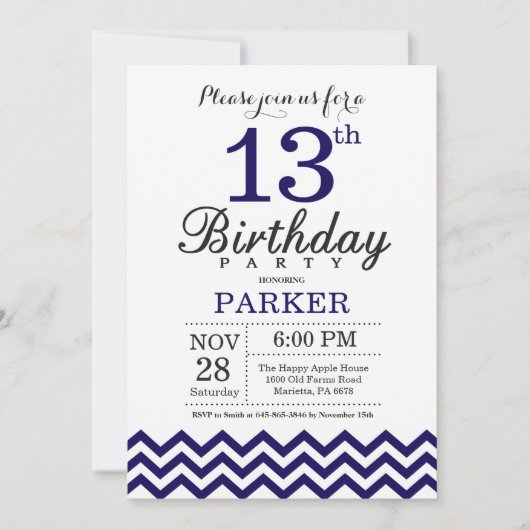 13e uitnodiging van de Birthday Navy Blue Chevron (Voorkant)