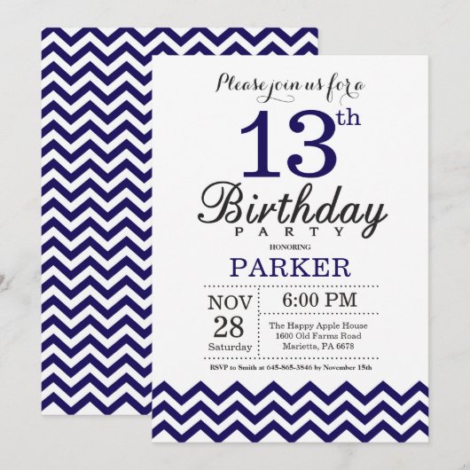 13e uitnodiging van de Birthday Navy Blue Chevron (Voorkant / Achterkant)