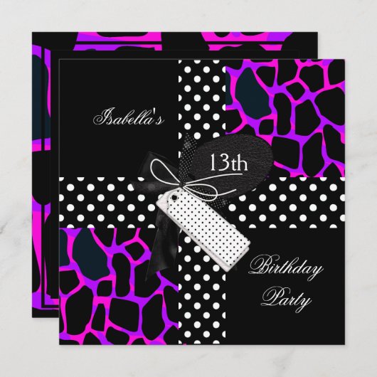 13e verjaardag Animal Polka Dot Paars Black White Kaart (Voorkant / Achterkant)