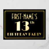 13e verjaardag: Art Deco Kijk "13", met naam Folie Uitnodiging (Voorkant)