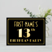 13e verjaardag: Art Deco Kijk "13", met naam Folie Uitnodiging (Staand Voorkant)