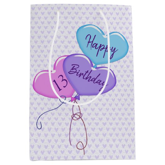 13e verjaardag Ballonnen en harten Medium Cadeauzakje (Voorkant)