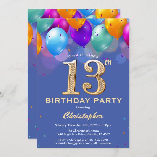 13e verjaardag Blauwe en goudkleurige ballonnen Kaart (Voorkant / Achterkant)