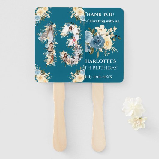 13e verjaardag Blauwgroen foto-inkuiling Bloem Gee Handwaaier (Voorkant en achterkant)