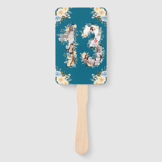 13e verjaardag Blauwgroen foto-inkuiling Bloem Gee Handwaaier (Voorkant)