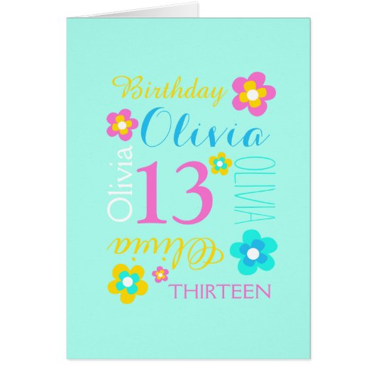 13e verjaardag bloem aangepast aqua roze geel (Voorkant)