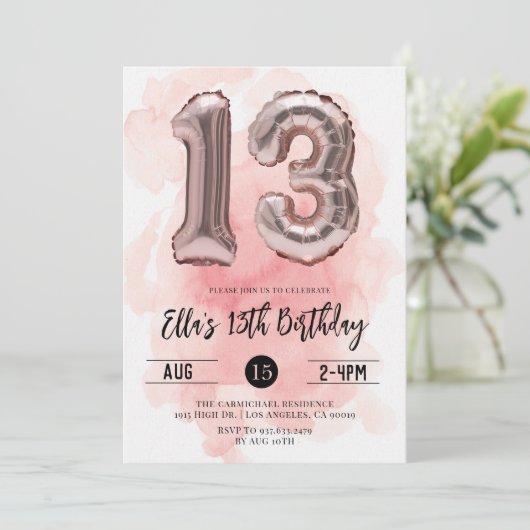 13e verjaardag Blush Roze Uitnodiging (Staand voorkant)